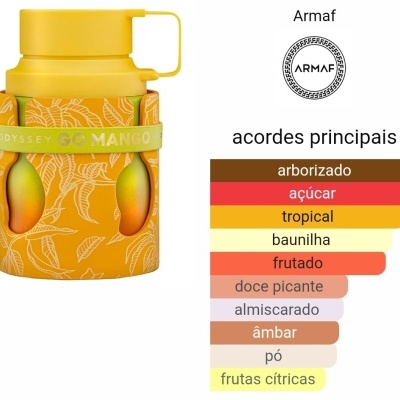 Frasco amarelo do perfume Armaf Odyssey Go Mango com design de manga e lista colorida de acordes principais