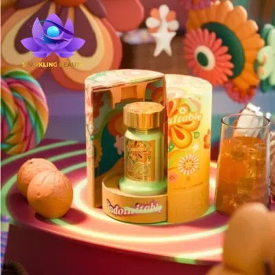 Frasco de vidro com tampa dourada dentro de embalagem floral amarela em mesa colorida