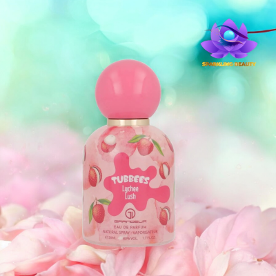 Frasco de perfume TUBBEES Lychee Lush com tampa rosa e ilustrações de lichias