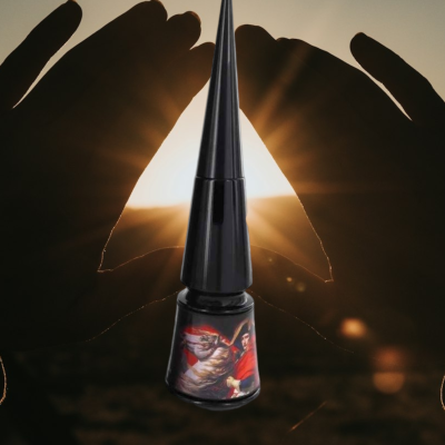 Delineador líquido preto com tampa longa e etiqueta decorativa com imagem colorida, mãos ao fundo ao pôr do sol