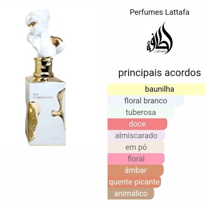 Frasco de perfume branco e dourado com tampa artística, texto HER CONFESSION, lista de acordes olfativos em português.