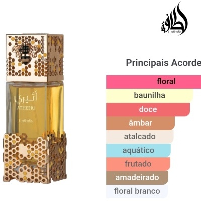 Frasco de perfume com tampa dourada e padrão de favo, com texto e lista de acordes ao lado.