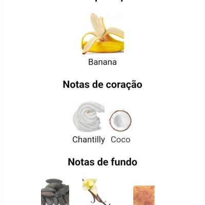 Notas principais, notas de coração e notas de fundo com imagens de banana, chantilly, coco, fava tonka, baunilha e cabelo de anjo
