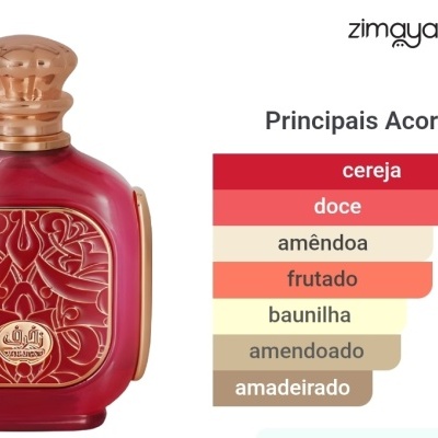 Frasco de perfume vermelho com tampa dourada e padrão decorativo, e gráfico com principais acordes do aroma