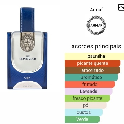 Frasco de perfume azul com tampo prateada e detalhe em metal com rosto de leão