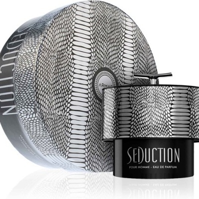 Frasco de perfume SEDUCTION e caixa redonda com padrão preto e branco