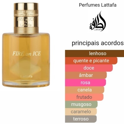 Frasco de perfume Lattafa Fire on Ice com gráfico de acordes olfativos