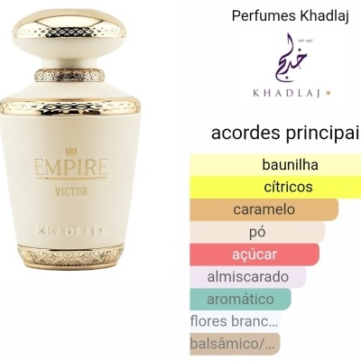 Frasco de perfume creme com detalhes dourados e gráfico dos acordes principais do perfume