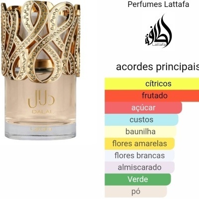 Frasco de perfume Dalal com tampa decorativa dourada com cristais e texto de acordes principais