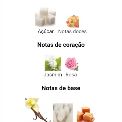 Notas de topo, coração e base de perfume com imagens de ingredientes.