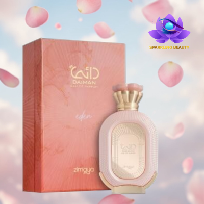 Perfume Daiman Eden Zimaya em garrafa rosa com caixa e pétalas ao fundo