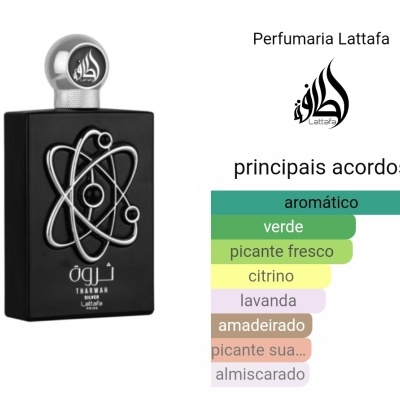 Frasco preto fosco de perfume com padrão prateado e tampa metálica com logótipo, lista de acordos aromáticos