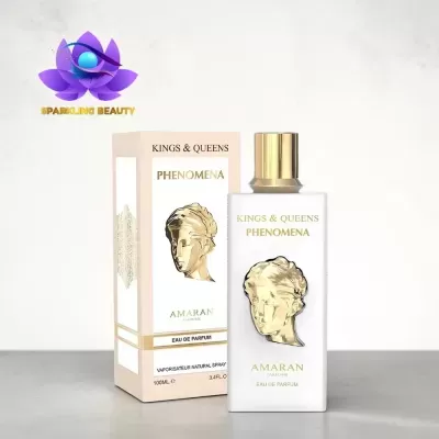 Frasco branco de perfume com tampa dourada e caixa bege com decoração dourada