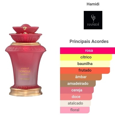 Frasco de perfume rosa fosco com tampa floral e etiqueta dourada da marca Hamidi