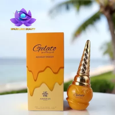 Frasco de perfume amarelo e laranja com design de casquinha, caixa correspondente com texto Gelato Mango Tango
