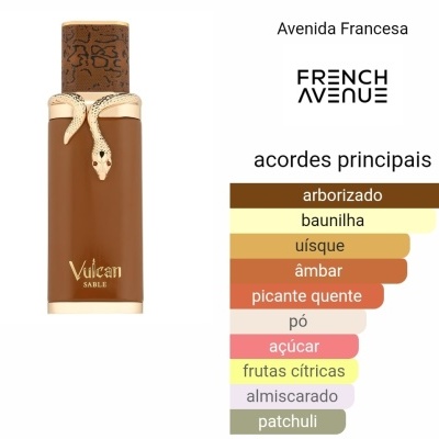Frasco castanho de perfume Vulcan Sable com tampa castanha e detalhes dourados e texto informativo ao lado
