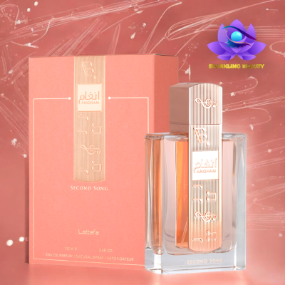 Perfume Angham Second Song com embalagem cor de rosa e frasco transparente com detalhes rose gold