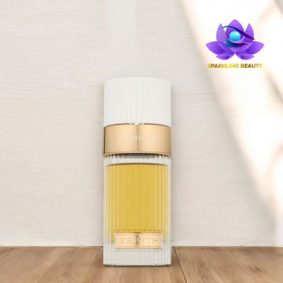 Frasco de perfume transparente com tampa branca e detalhes dourados