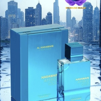 Perfume Al Haramain Amber Oud Aqua Dubai azul com caixa