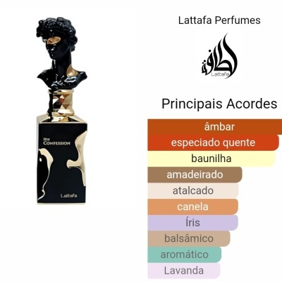 Frasco de perfume Lattafa preto e dourado com busto escultórico e lista de acordes aromáticos