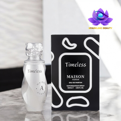 Perfume Timeless MAISON ASRAR com frasco prateado e embalagem preta decorada