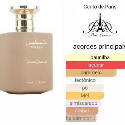 Frasco de perfume bege com tampa dourada e texto branco