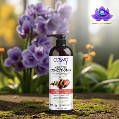 Frasco de condicionador COSMO Keratin sobre musgo com flores lilás e amarelas ao fundo