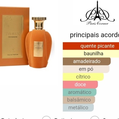 Frasco de perfume laranja fosco com caixa e texto dos acordes aromáticos.