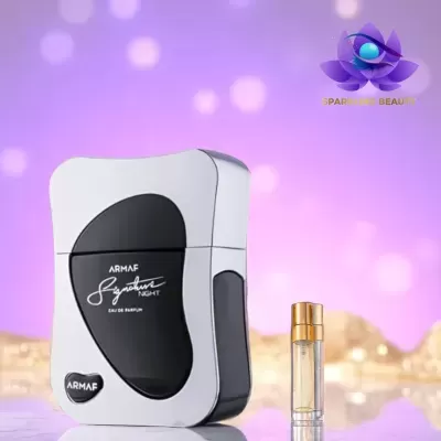 Frasco de perfume Armaf Signature Night com pequeno frasco transparente e fundo lilás