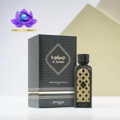 Frasco e caixa de óleo perfumado Al Safwah preto e dourado com design geométrico