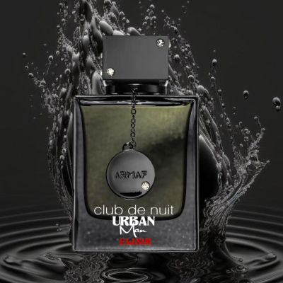 Frasco preto de perfume ARMAF Club de Nuit Urban Man Elixir com gotículas