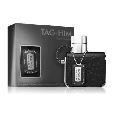 Perfume TAG-HIM Pour Homme com frasco preto texturizado e embalagem preta