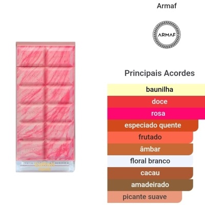 Perfume Armaf em embalagem rosa mesclada com gráficos de acordes principais coloridos ao lado