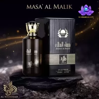 Frasco de perfume preto com tampa dourada e caixa preta com texto MASA' AL MALIK