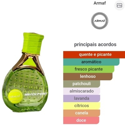 Frasco de perfume verde com tampa e detalhes dourados, texto branco ARMAF MATCH POINT, lista colorida de acordos aromáticos em português.