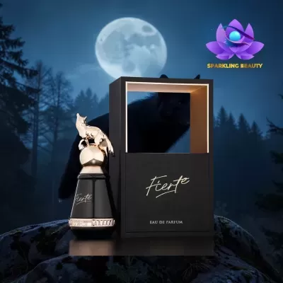 Frasco de perfume preto Fierte com raposa dourada e estojo preto em floresta à noite