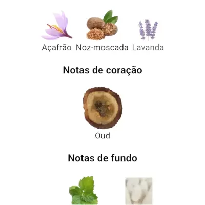 Notas de fragrância principais, de coração e de fundo com imagens de especiarias e plantas.
