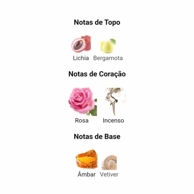 Notas de Topo, Coração e Base de fragrância com imagens de lichia, bergamota, rosa, incenso, âmbar e vetiver.