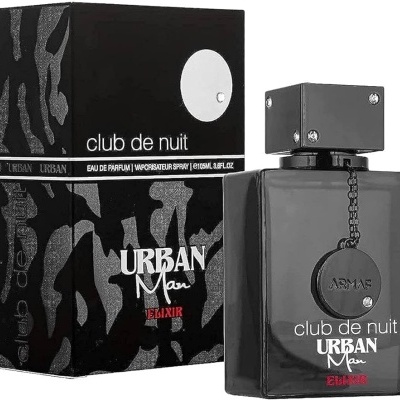 Frasco e caixa do perfume Urban Man Elixir Club de Nuit em preto com detalhes brancos e vermelhos