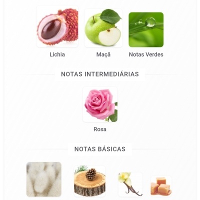 Descrição de notas olfativas com imagens e texto em português de lichia, maçã, notas verdes, rosa, almíscar, madeira de cedro, baunilha e caramelo.