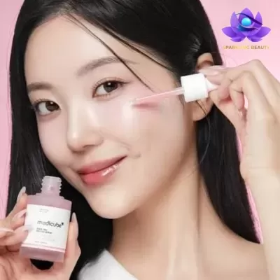 Mulher aplica soro facial rosa com conta-gotas