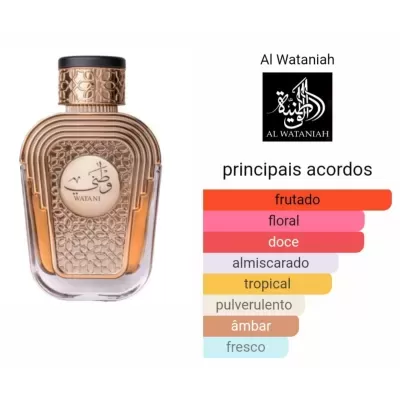 Frasco de perfume âmbar com padrão dourado e tampa preta, texto Al Wataniah e lista de aromas