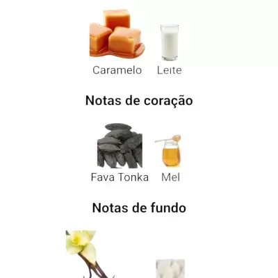 Notas olfativas de perfume com imagens de caramelo, leite, fava tonka, mel, baunilha e almíscar branco.