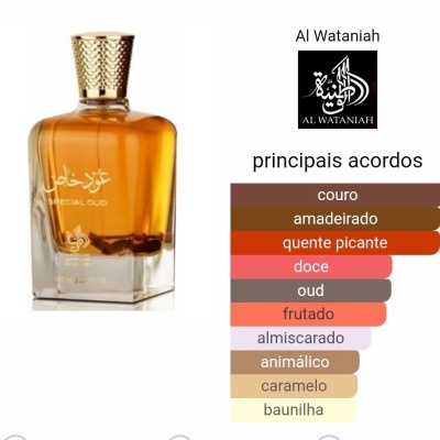 Frasco de perfume Al Wataniah SPECIAL OUD em vidro âmbar com tampa dourada e gráfico de notas aromáticas.