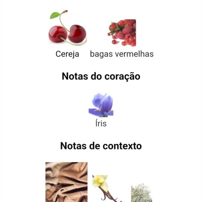 Notas principais: cereja e bagas vermelhas, notas do coração: íris, notas de contexto: couro, baunilha, mousse