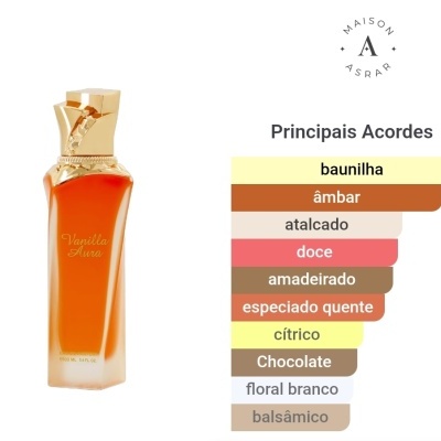 Frasco de perfume Vanilla Aura com tampa dourada e lista de acordes olfativos
