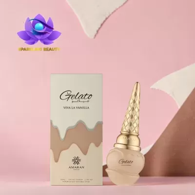 Frasco de perfume Gelato Viva La Vanilla com caixa em fundo rosa