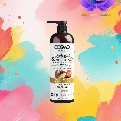 Frasco de condicionador COSMO Argan Oil & Wheat Protein com tampo de bomba em fundo colorido