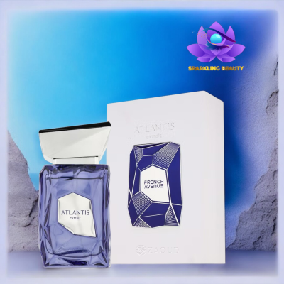 Perfume Atlantis extrait com caixa branca e detalhes azuis