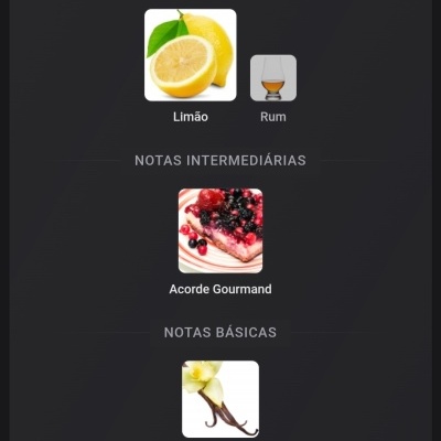 Notas aromáticas principais, intermédias e básicas com imagens de limão, rum, tarte de frutos vermelhos e baunilha.
